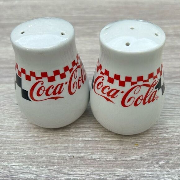 Vintage Coca Cola Salt & Pepper Shakers Set OS White Checkered Retro Ceramic - Picture 3 of 8